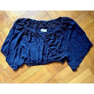 Hollister Peasant Blouse Milkmaid Crop Top M Lace Navy Blue Coquette Cottagecore